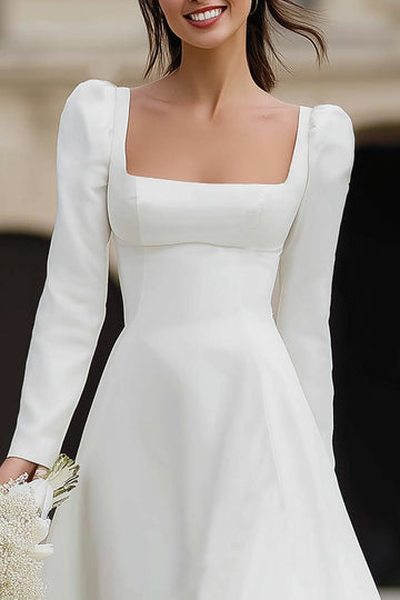 Ivory A-Line Long Sleeve Square Neck Engagement Dress With Ruffles